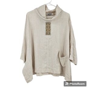Peggie O Blouse Top Tan Linen Lagenlook Long Sleeve Oversized Pocket One Size